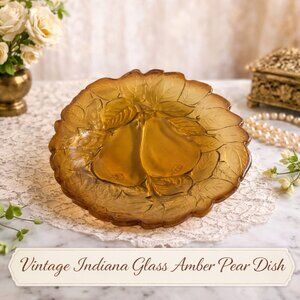 Indiana Glass Amber Pear Dish | Pressed Glass Fruit Pattern | Serving Plate